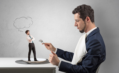 Big businessman want to eat small man with cloud messages above his head
