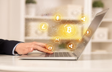 Business woman working on tablet with cryptocurrency bitcoin link network and online concept
