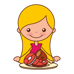 girl with chicken meat and pork