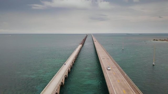 Aerial of the Seven Mile Bridge in the Florida Keys. Long bridge stretching over the ocean. Florida Keys, USA.