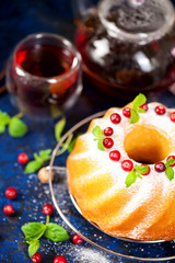 Biscuit cake with icing sugar, a cranberry and mint