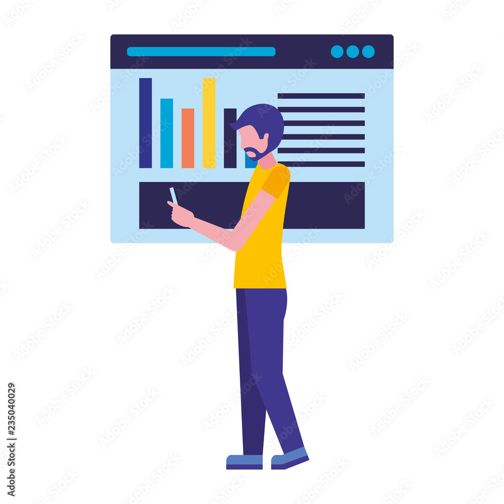 Poster businessman using mobile website report chart