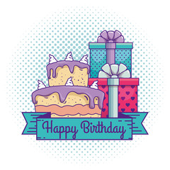 happy birthday with presents gifts and cake