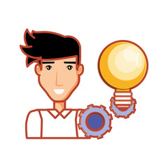 young man with bulb light and gears machinery