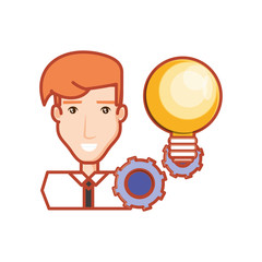 businessman with bulb light and gears machinery