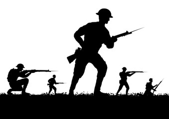 World War British soldiers silhouette on a battlefield.