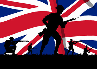 World War British soldiers silhouette on a battlefield.