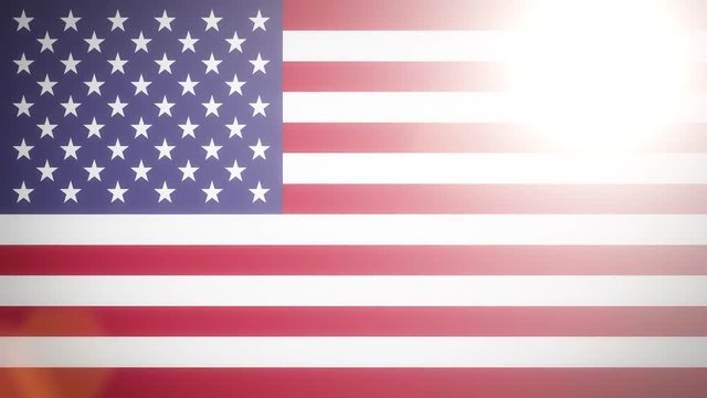The flag of the United States of America, flat simple style, with a bright light flare crossing its surface.