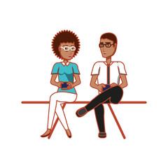 couple sitting with smartphones devices