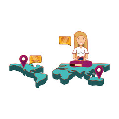 woman sitting in map with smartphone and set icons