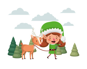 elf woman with reindeer and christmas trees