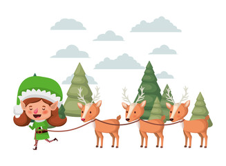 elf woman with reindeer and christmas trees
