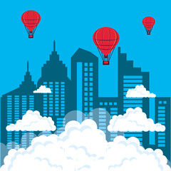 cityscape with buildings and balloons air hot flying