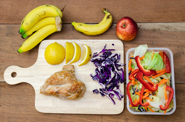 healthy food prepared in boxset, chicken steak in box with vegatable and fruit