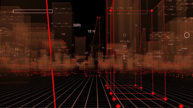 Technological digital background consisting of a futuristic city with data. looped