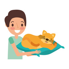 man holding cat with cushion