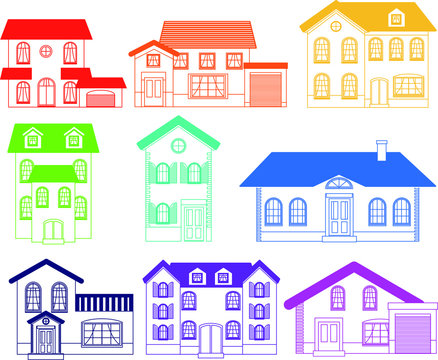 Colorful Western style house outline set