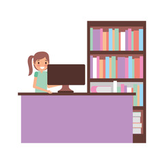 woman with computer and bookshelf
