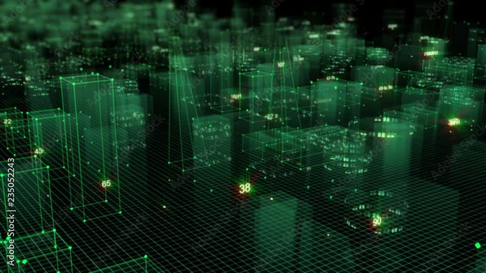 Poster technological digital background consisting of a futuristic city with data. looped