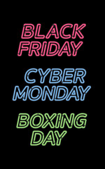 Fototapeta na wymiar Special Package of Neon light effect Black friday, Cyber Monday, Boxing Day, with pink, blue and green