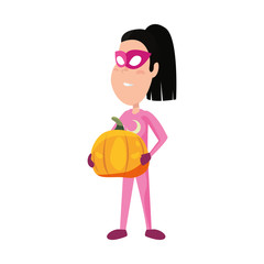 girl with costume holding pumpkin halloween