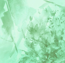     Watercolor bouquet of flowers, Beautiful abstract splash of paint, fashion illustration.Orchid flowers, poppy, cornflower, green peony, rose, field or garden flowers. Watercolor abstract. 