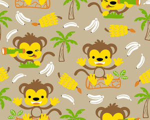 Naklejka premium Vector of seamless pattern with monkeys cartoon and banana