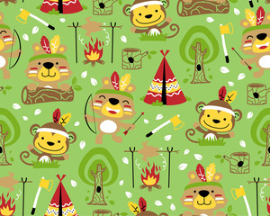 Vector of seamless pattern with animals cartoon with indian feather headdress