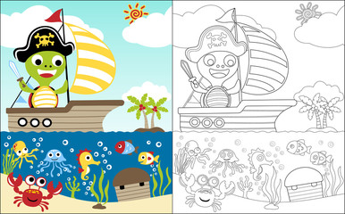 Naklejka premium coloring book vector with turtle cartoon the treasure hunter