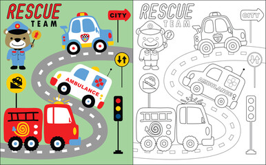 coloring book vector of rescue team vehicle cartoon with funny traffic cop