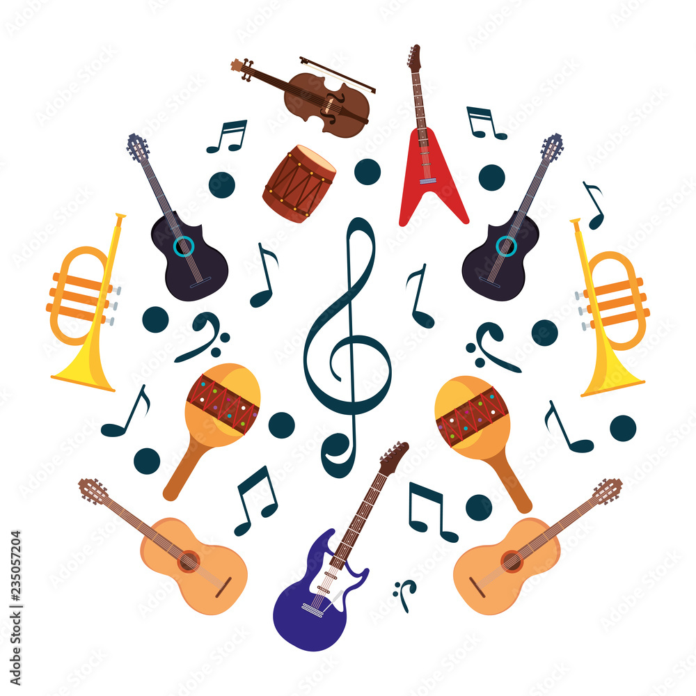 Poster music notes and instruments pattern