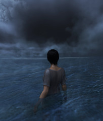 Woman sighting a hole on the sky above the sea,3d illustration