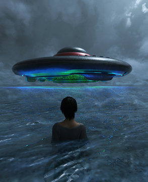 Woman sighting a UFO above the sea,3d illustration