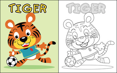 coloring book vector with cute tiger the soccer player