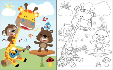 coloring book vector of playing music with cute animals