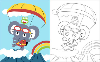 coloring book vector with paratrooper elephant and friend