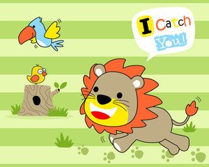 cartoon of lion play with birds