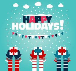 Cute winter holiday illustration with many children hands raised up with gifts. Christmas and New Year vector card with kids, snowflakes and clouds