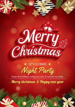 Merry christmas greeting card and party on red background invitation theme concept. Happy holiday design template.