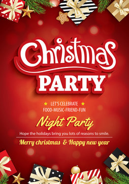 Merry christmas party and greeting card on red background invitation theme concept. Happy holiday design template.