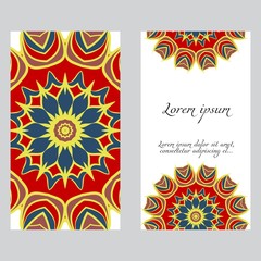 Invitation or Card template with floral mandala pattern. For Wedding, greeting cards, Birthday Invitation. The front and rear side. Vector illustration