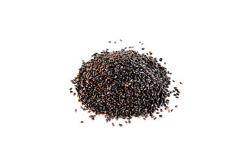 Dry basil seeds are placed on a white background.