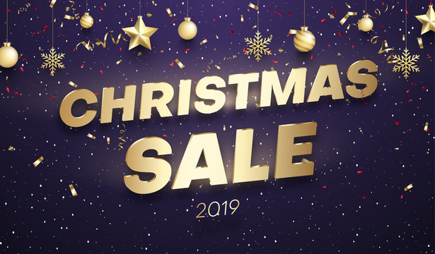 Christmas 2019 sale promo poster with golden festive decorations and confetti.
