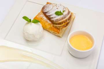 dessert with pear and ice cream