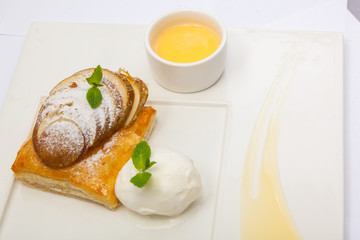 dessert with pear and ice cream