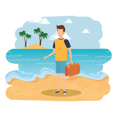 young man with suitcase travel on the beach