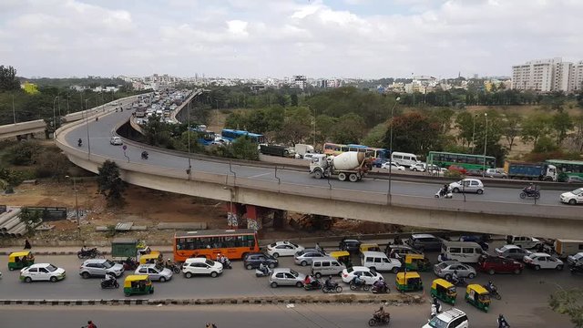 Traffic on the Tin Factory flyover in Krishnarajapuram, Bangalore, Karnataka, India