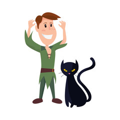 child in halloween costume with black cat