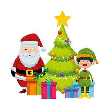 christmas santa claus with tree and elf