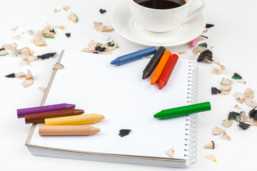 Coffee cup and sharped pencils with Pencil Shaving